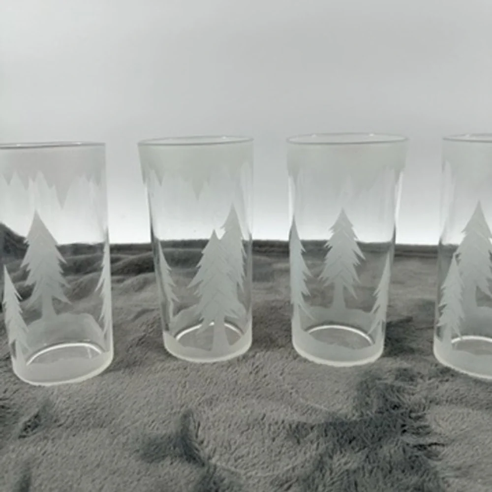 Mid Century Federal Frosted Pine Tree Glasses Set of 5 Highball Glasses Tumblers
